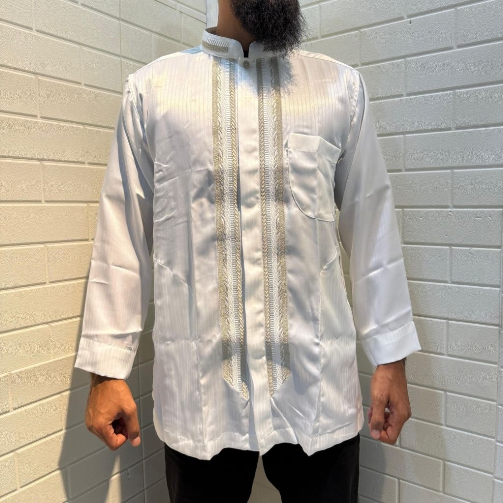 Baju Koko Busana Muslim Pria Misfalah Exclusive Kode 2114 Bahan Satin Motif Salur Lengan Panjang