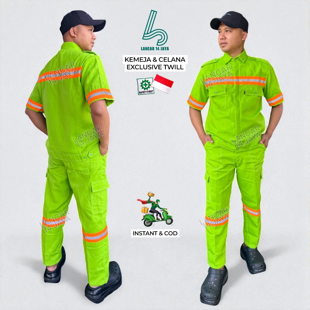 Setelan Kemeja Safety Pendek Skotlet Oren / Baju Safety Lengan Pendek / Baju Proyek Lengan Pendek / 
