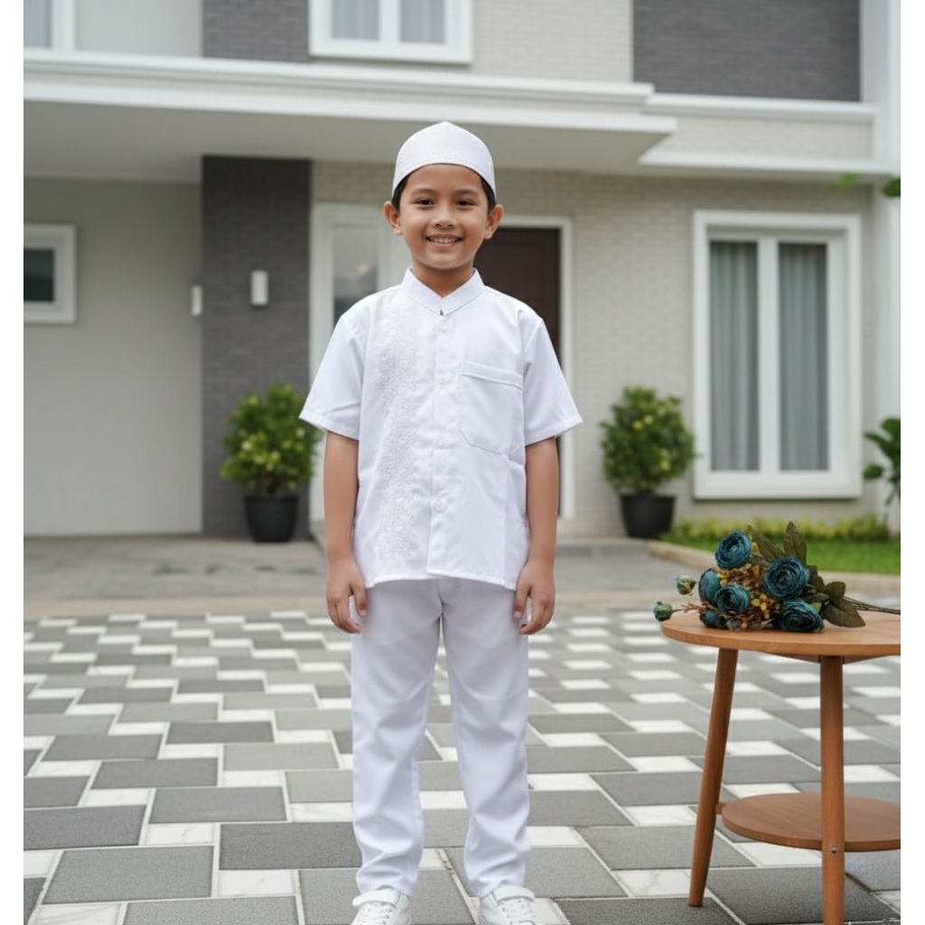 Baju Koko Putih Anak Set Celana Size 1-15 Tahun - Setelan Koko Anak Premium