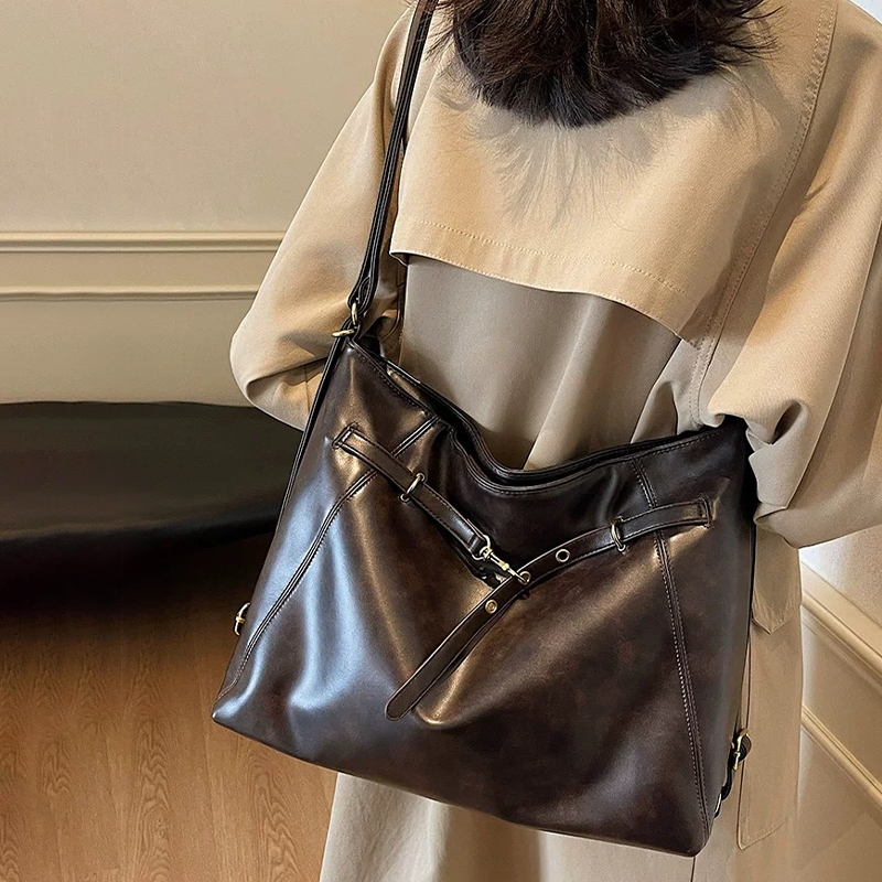 Tas Bahu Wanita Tas Kerja Tas Kerja PU Kulit Vintage Tas Selempang Kapasitas Besar 3n1