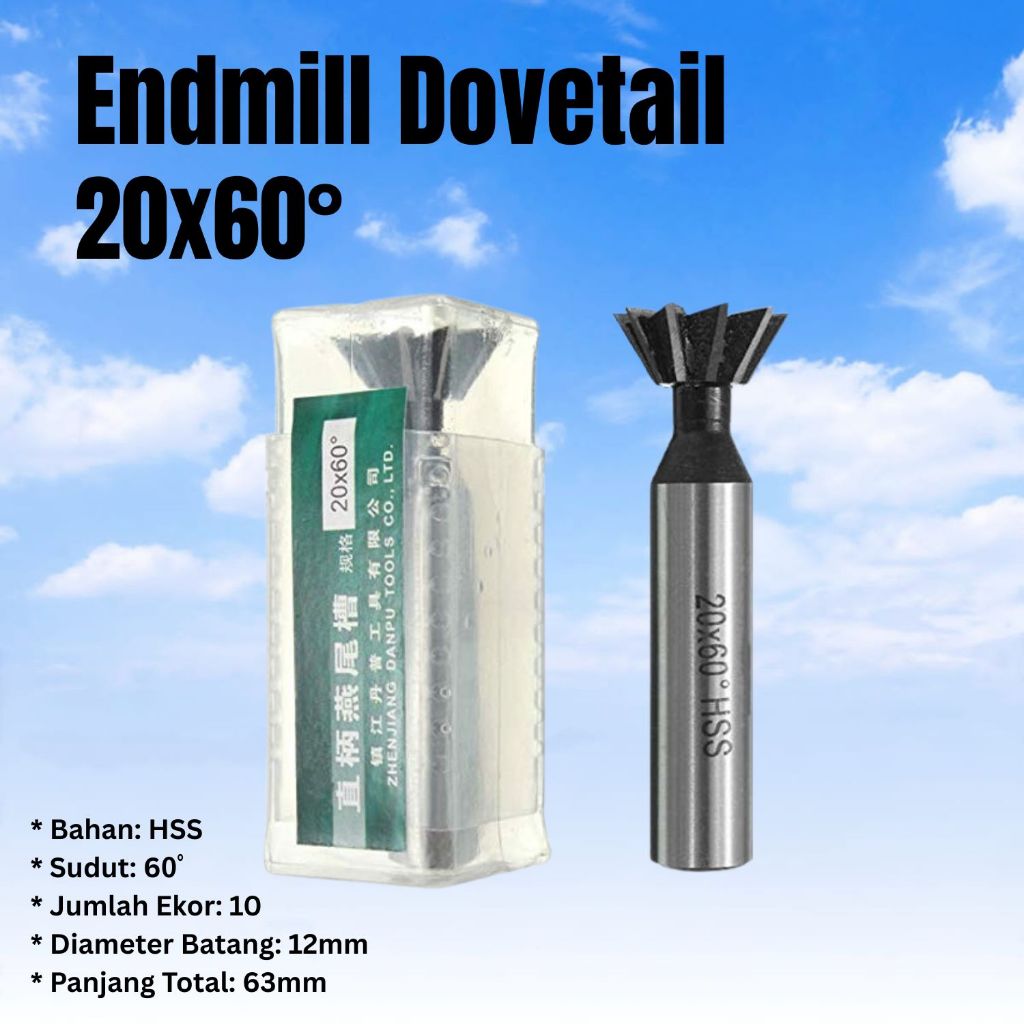 Endmill dovetail 20 mm 60 derajat end mill ekor burung slot groove