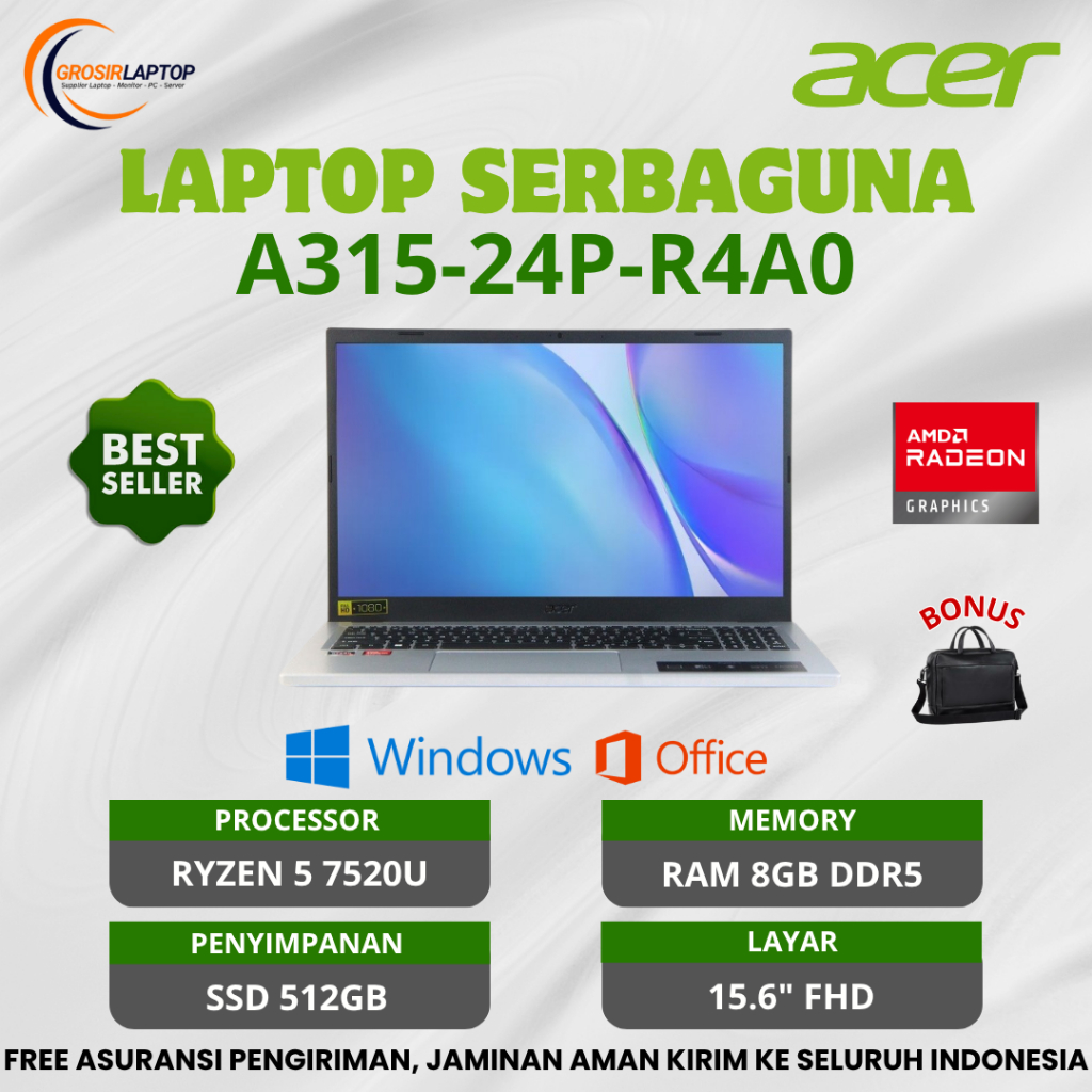 Laptop Acer Aspire 3 A315 - R4A0 AMD Ryzen 5 - 7520U Ram 8GB SSD 512GB 15.6" Full HD