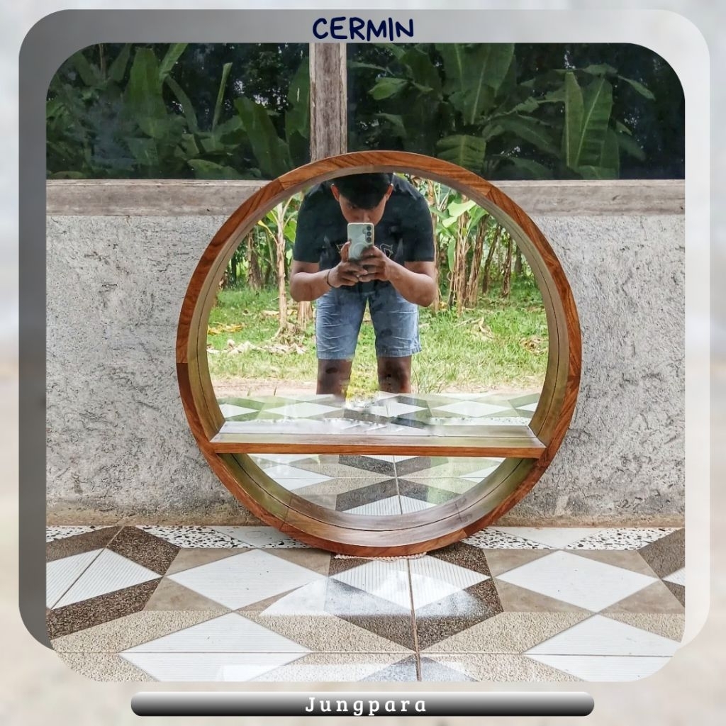 Cermin dinding kaca cermin bulat kayu jati