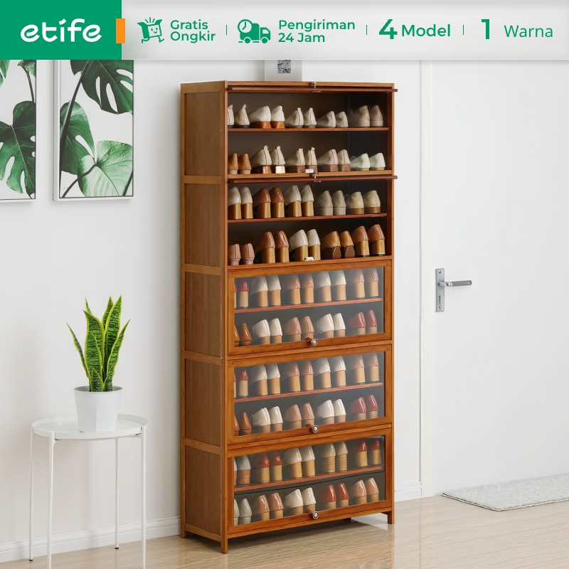 E-TIFE Lemari Sepatu Tertutup Rak Sepatu Multi Lapis Lemari Sepatu Kayu Sederhana Pintu Transparan R