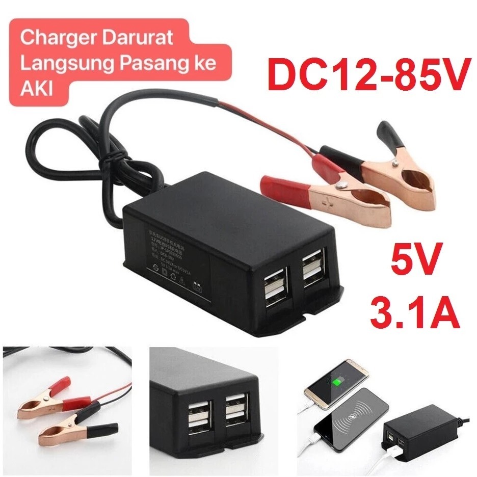 Charger Adaptor HP Darurat Pasang Ke AKI Mobil Motor Universal 4 USB Sambungan Charger Casan HP ke A