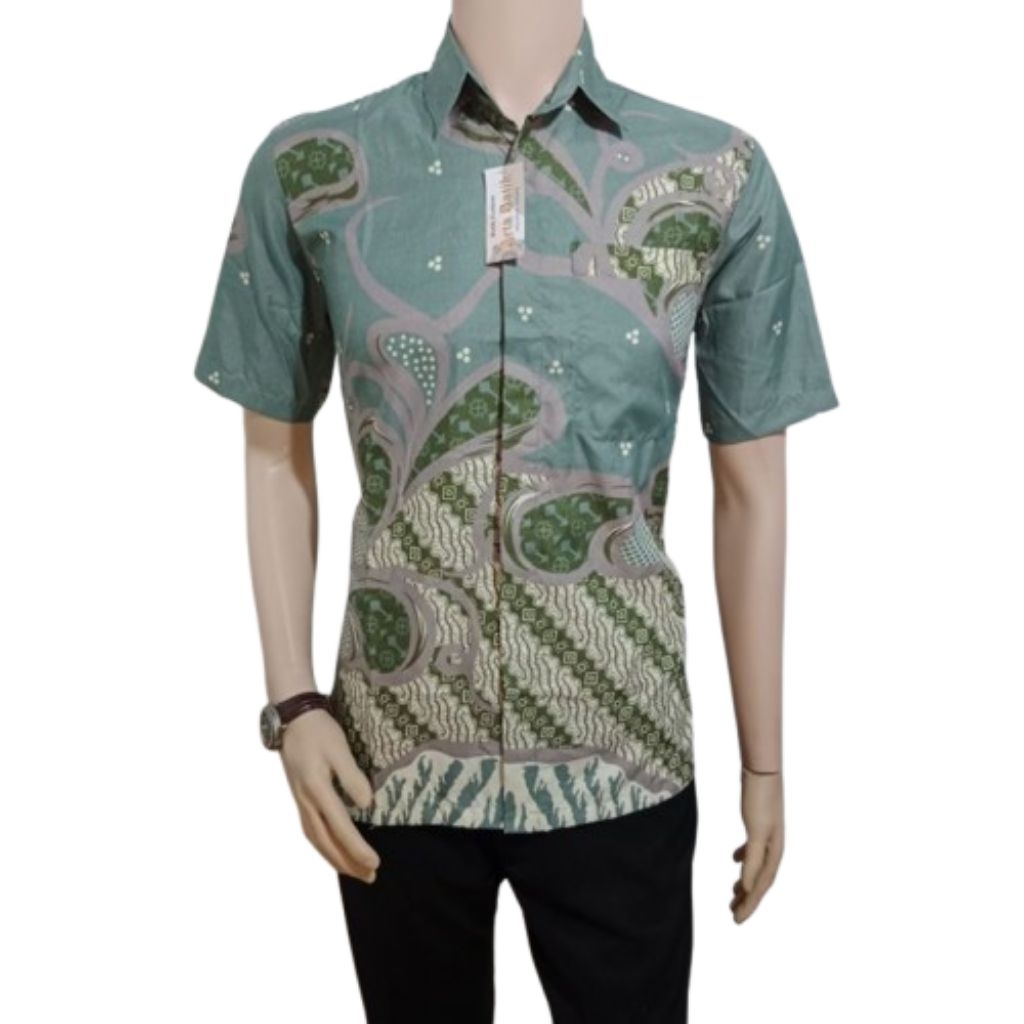 Kemeja Batik Pria Lengan Pendek Premium Warna Hijau Motif Modern Elegan Bahan Katun Premium Baju Bat