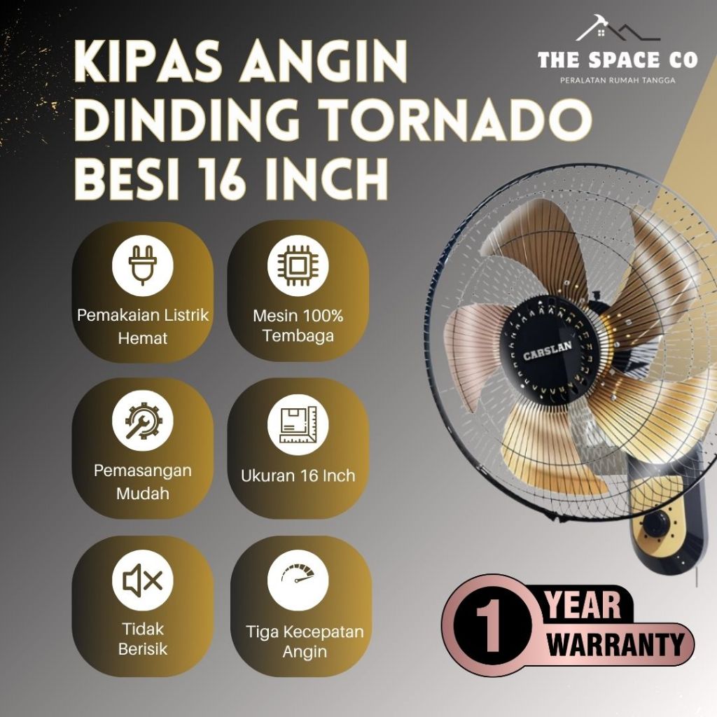 Kipas Angin Besi Dinding Tornado Wall Fan 16 Inch Gold Emas Hemat Daya