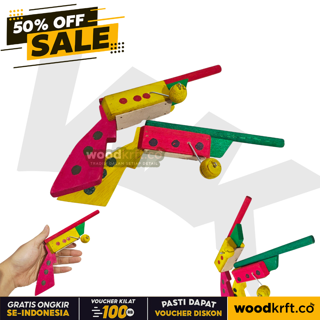 WOODKRFT.CO MAINAN ANAK TRADISIONAL PISTOL TEMBAK TEMBAKAN KAYU WARNA BERBUNYI TANPA PELURU MAINAN U