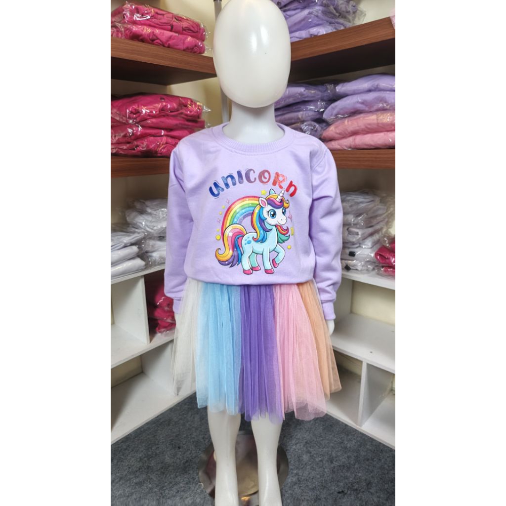 Setelan Anak Perempuan Creuwneck & Rok Tutu Rainbow usia 1-10 Tahun
