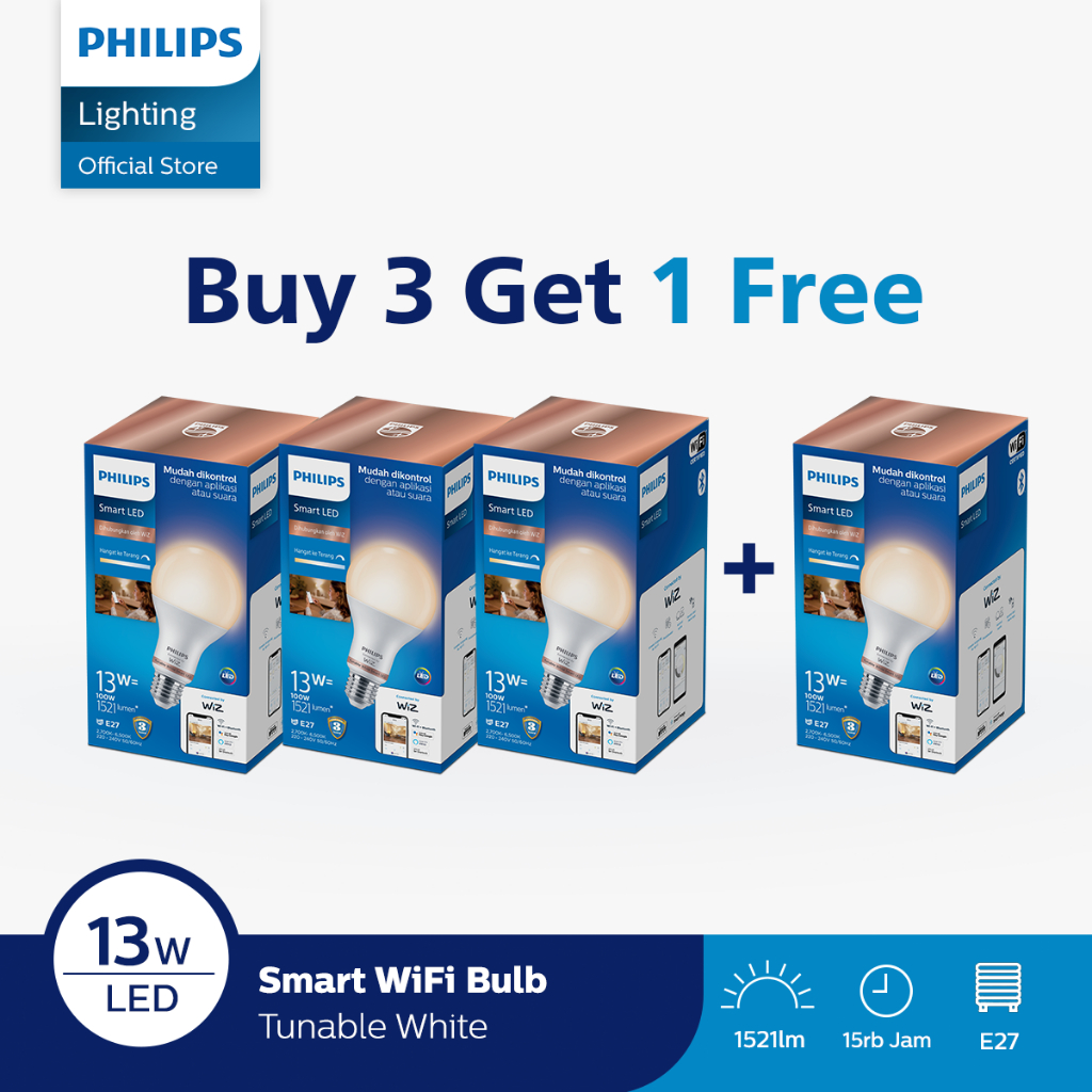 Beli 3 Gratis 1 Philips Lampu Smart WiFi LED 13W With Bluetooth - TW & Color