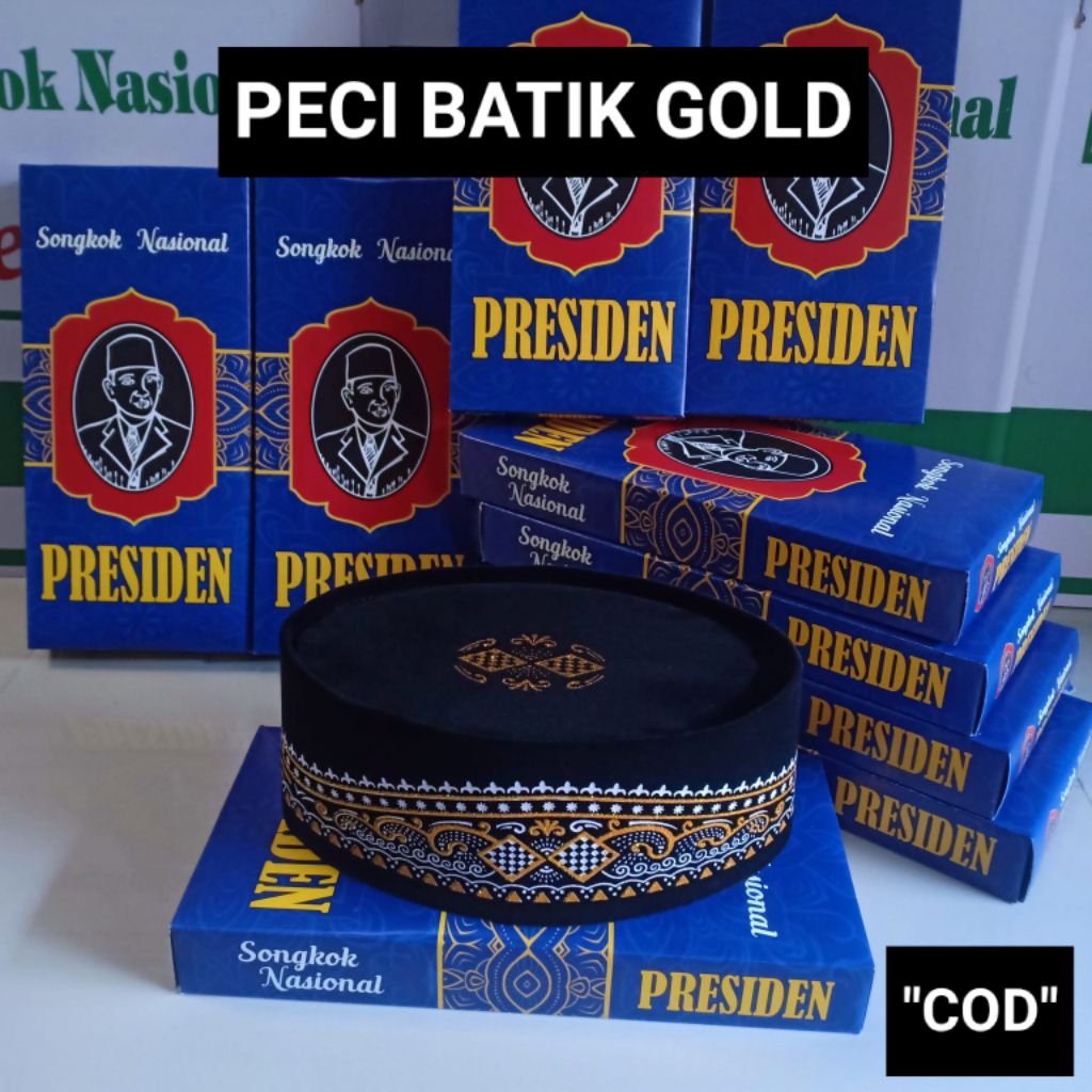 PECI BATIK EMAS, Peci Hitam Motif Batik Tinggi 9 cm, Songkok Nasional Merk Presiden ukuran Dewasa da