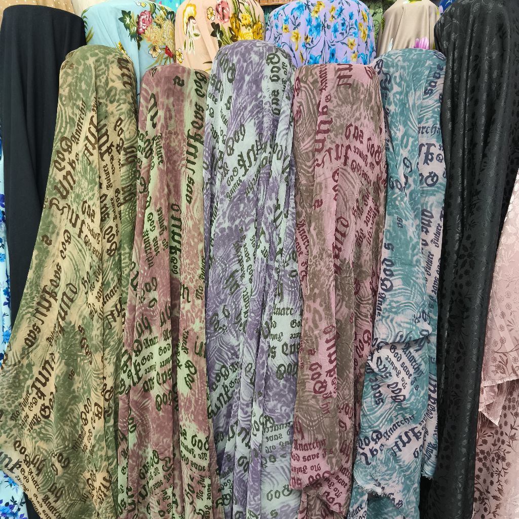 Kain Sifon Ceruty - Kain Sifon Motif - Kain Sifon Ceruty Premium Motif Tulisan Retro Abstrak – Bahan