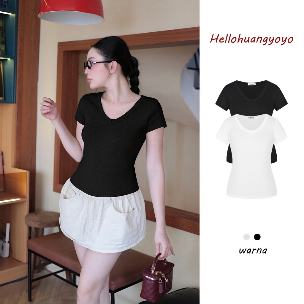 Hellohuangyoyo Kaos Wanita V Leher Ketat Terbuat Dari Kain Katun Yang Nyaman Dan Sejuk JUSTDUN A12