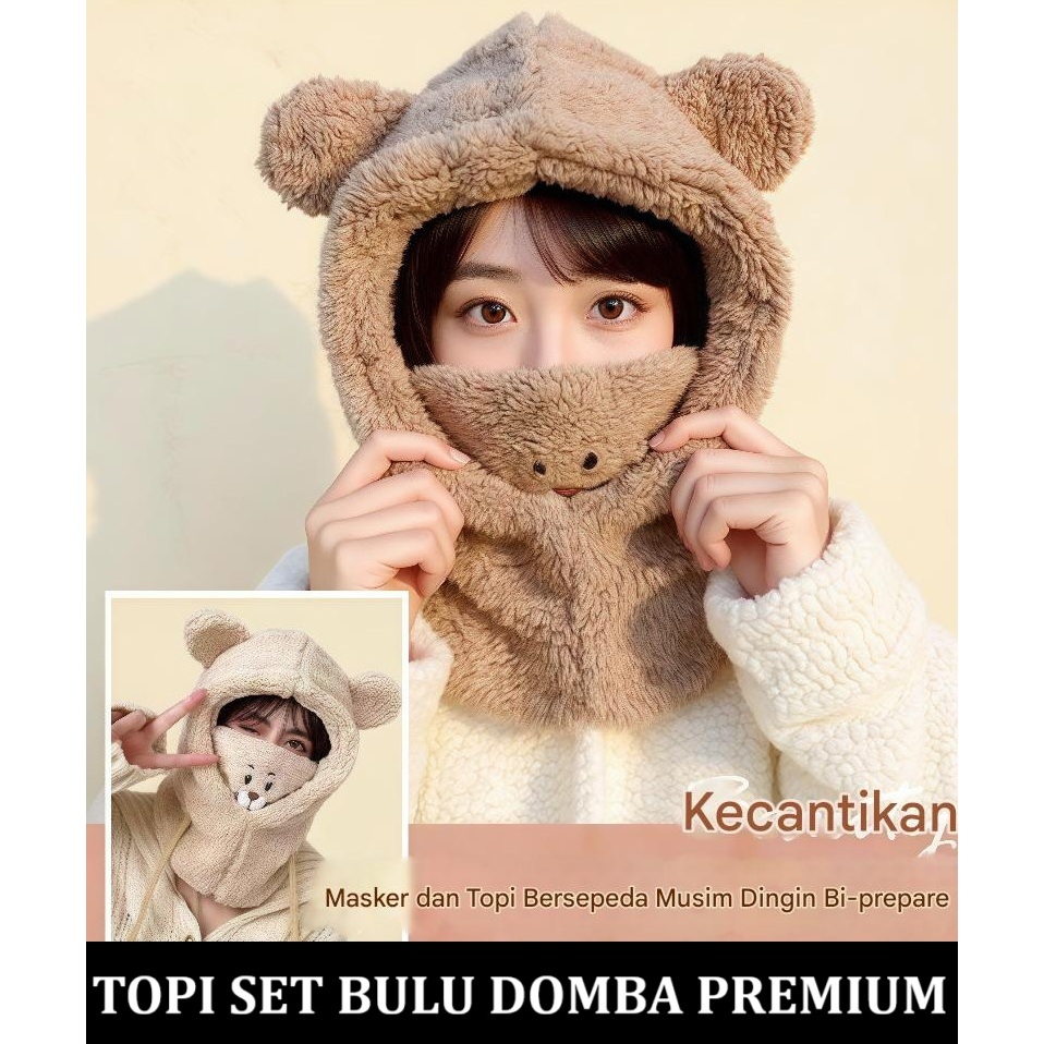 3in1 Topi beruang Korea + masker + syal 1 set Premium bahan bulu domba original import kupluk hangat