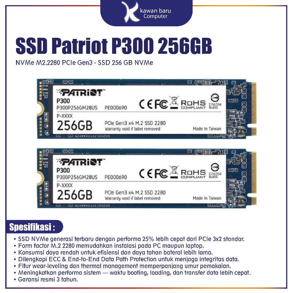 SSD Patriot P300 256GB - NVMe M2.2280 PCIe Gen3 - SSD 256 GB NVMe