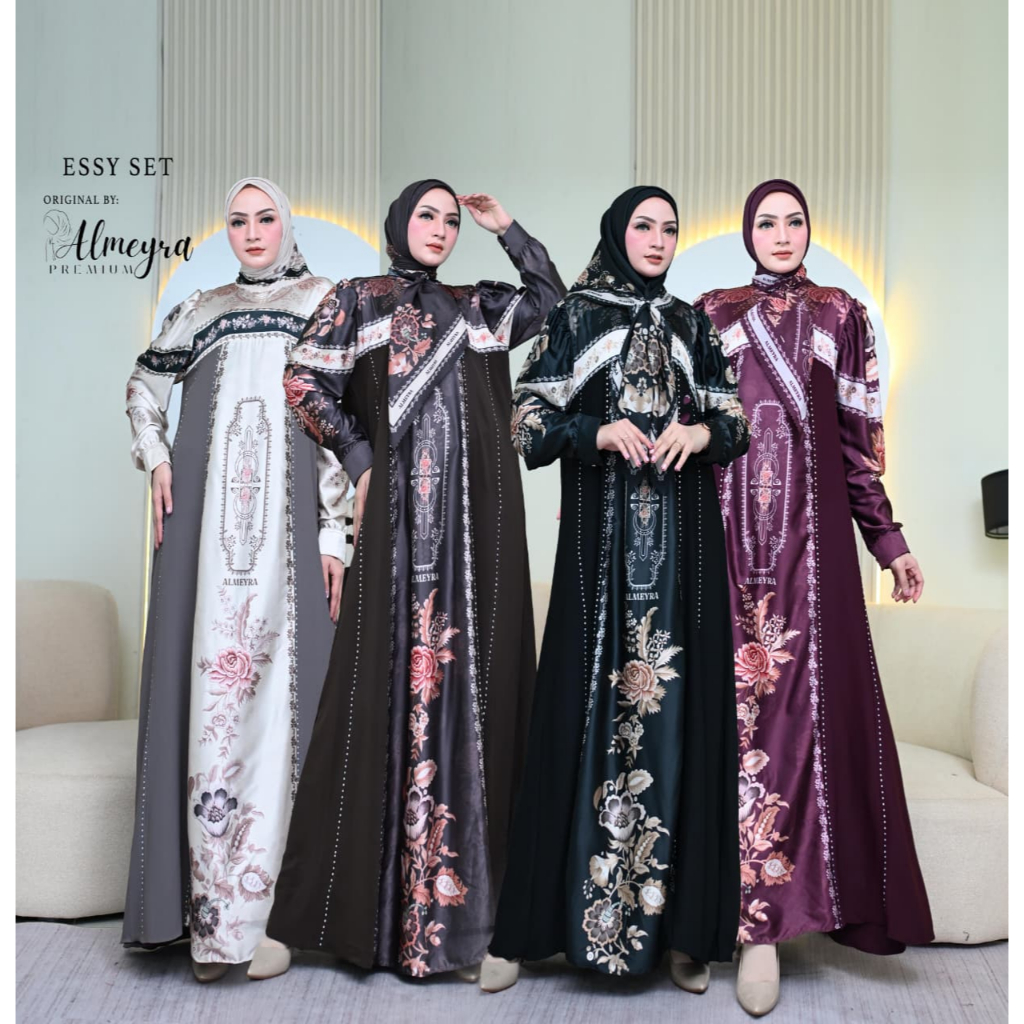 Gamis Abaya Essy Set Original Almeyra Premium: Gaun Pesta Wanita Motif Printing Digital Mewah Elegan