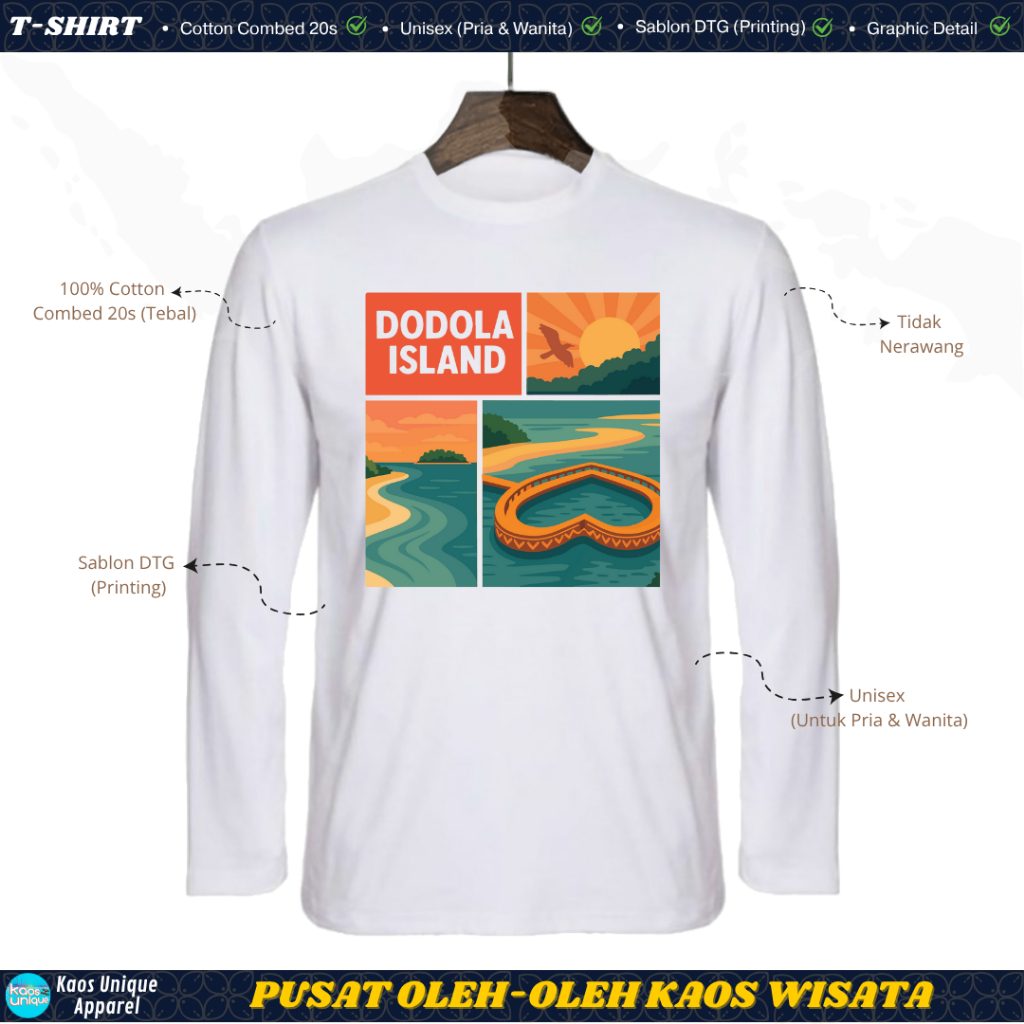 KAOSUNIQUE T-shirt Lengan Panjang Dodola Island - Unisex Katun Combed 20s Sablon Printing Kaos Wisat