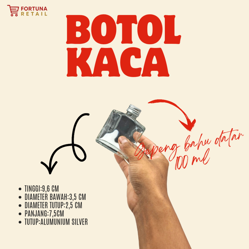 BKGP 100 ML/BOTOL KACA GEPENG 100 ML/BOTOL KACA SUSU 100 ML/BOTOL MINUMAN 100 ML TUTUP ALUMUNIUM