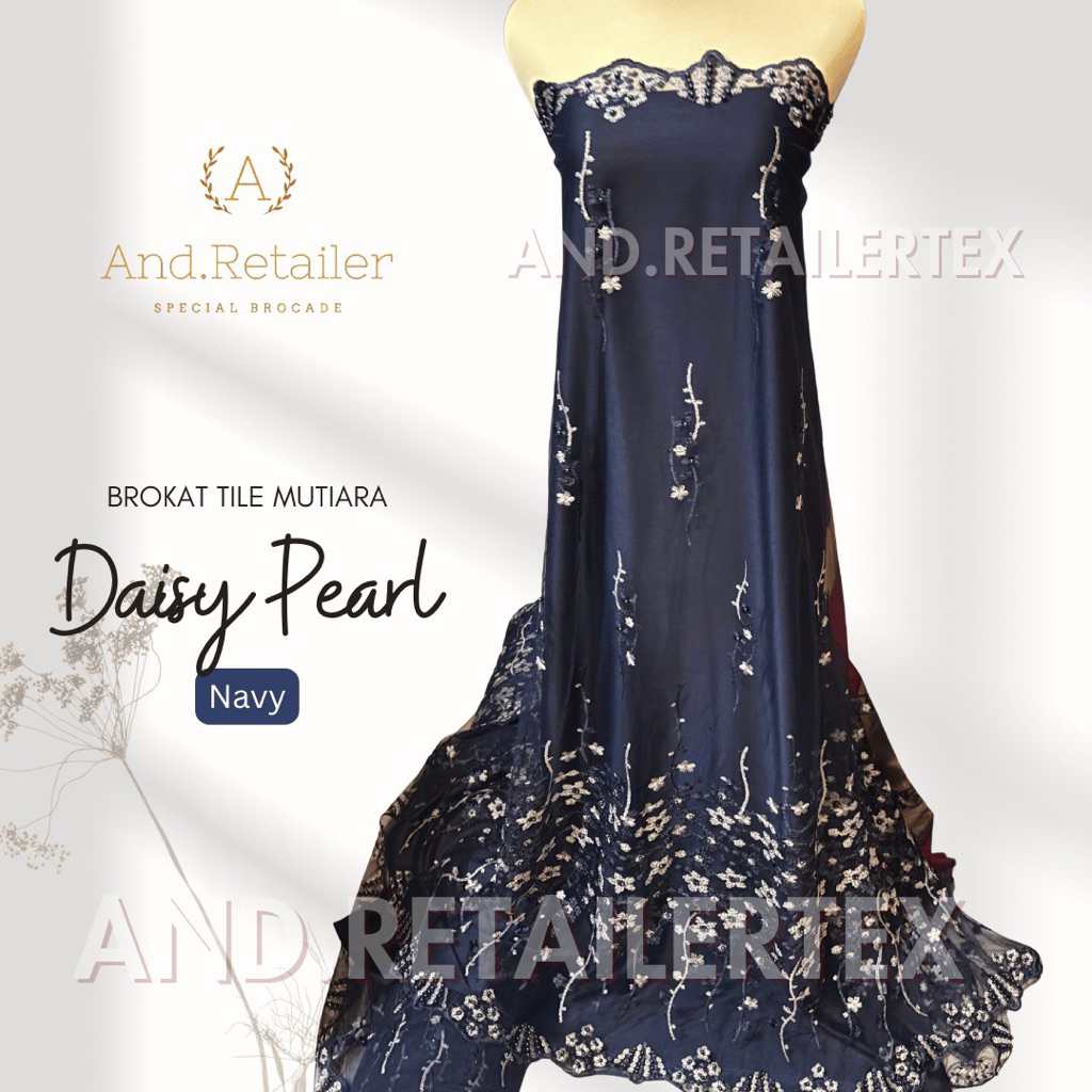 Bahan kain Kebaya Brukat Bordir Tile Mutiara Daisy PearL Warna Biru Navy Dongker