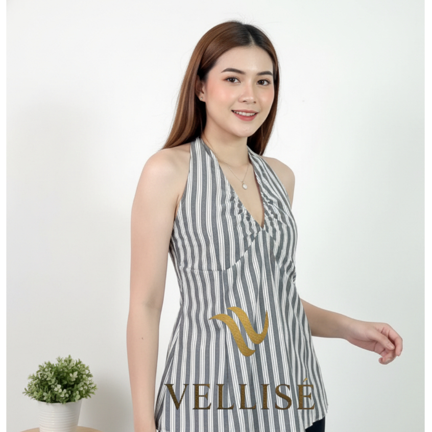 Vellisé Eris Halter Atasan V Neck ( atasan halter wanita motif salur / halter top / halternecktop sa