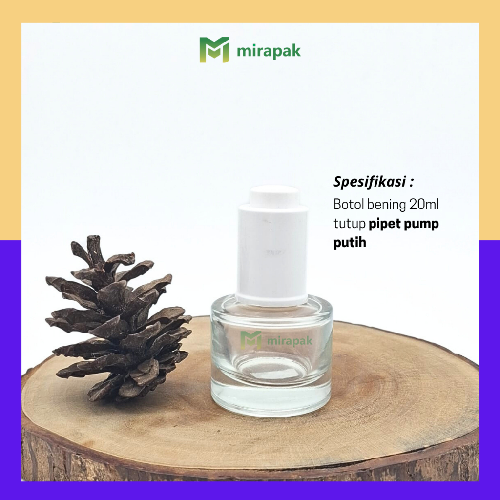BOTOL PIPET SERUM 20ML BENING BAHU BULAT CLEAR - PIPET PUMP PUTIH / KLIK / PIPET PENCETAN - SET KACA