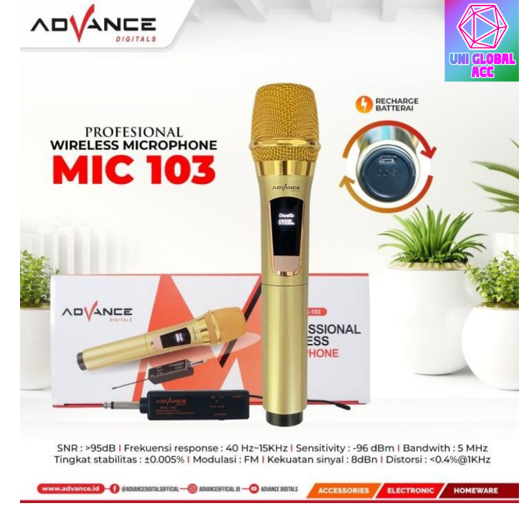 Advance Mic103 Microphone Profesional Mic Wireless Gold Bisa di Charger / Garansi 1 tahun / Micropho