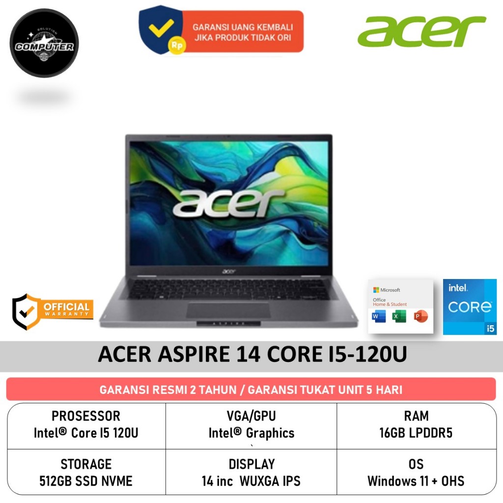 ACER ASPIRE 14 CORE I5 120U 16GB 512GB W11+OHS 14.0WUXGA IPS GRY
