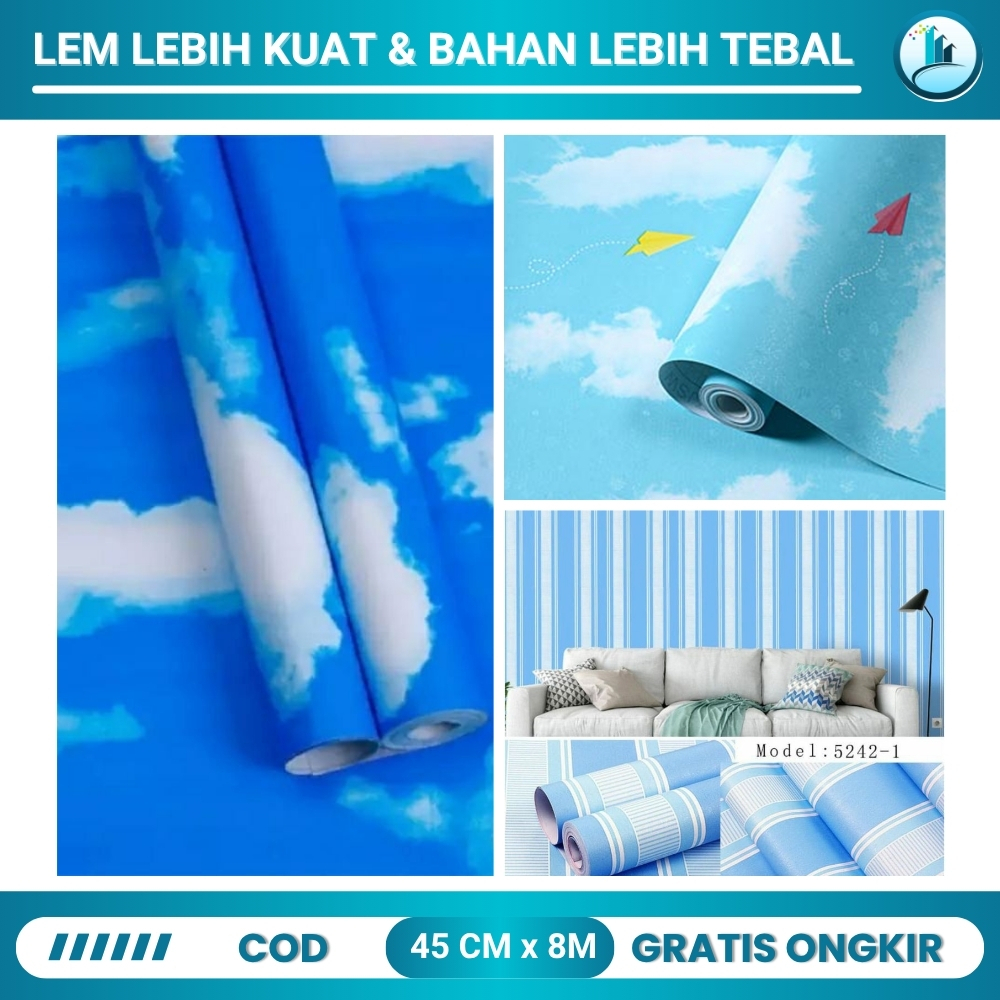 Wallstiker Wallpaper Dinding Langit Plafon Kamar Anak Walpaper 3D Motif Awan Biru Aesthetic 10 Meter