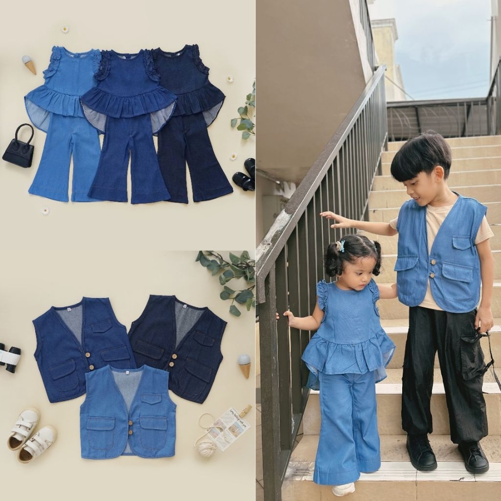 JENO VEST & JENINA JEANS ONESET Littlecaim - rompi jeans anak unisex,oneset jeans anak perempuan