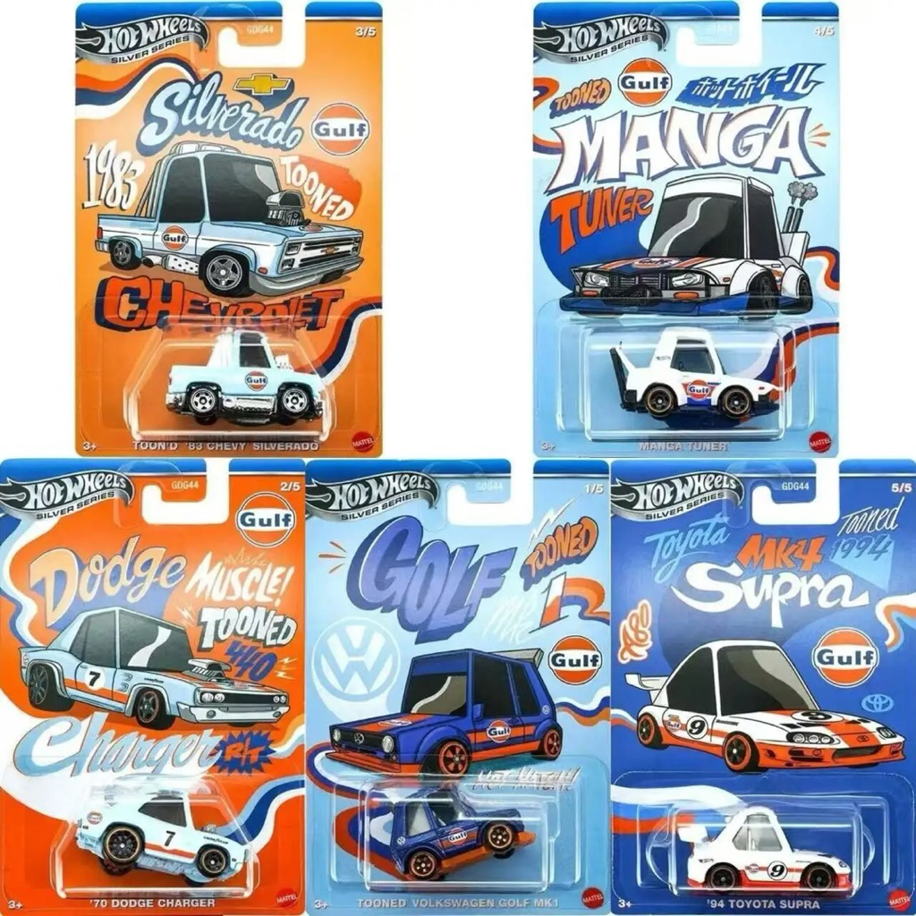 Hot Wheels Tooned Gulf Set - 94 Toyota Supra - 70 Dodge Charger - Manga Tuner - Toon'D 83 Chevy Silv