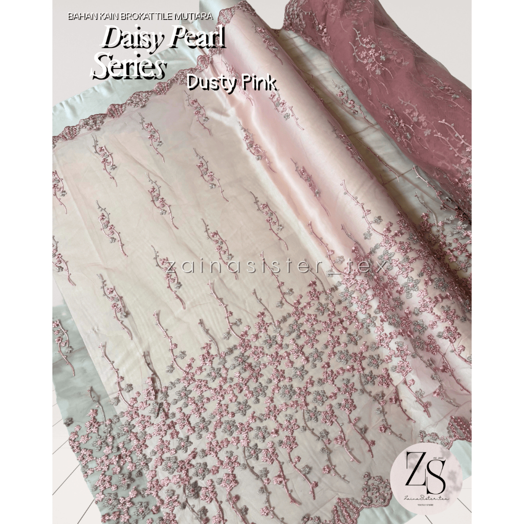 Kain Brokat Tile Bordir Two Tone Mutiara Daisy Pearl Series Warna Dusty Pink | Bahan Kebaya Modern |