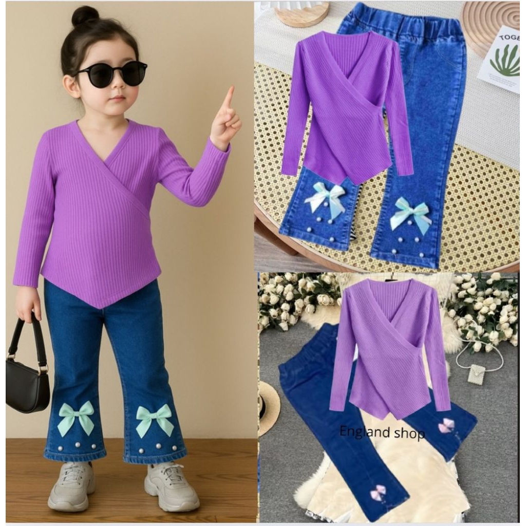 Setelan Baju Kemeja Celana Jeans Anak Perempuan Import 1 2 3 4 5 Tahun terbaru terkini