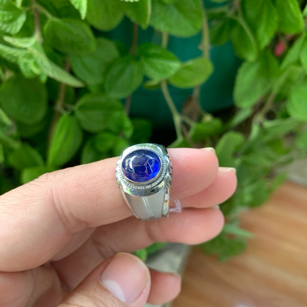 Cincin Batu Natural Royal Blue Safir Cabochon Memo Ring Monel Handmade Size 7