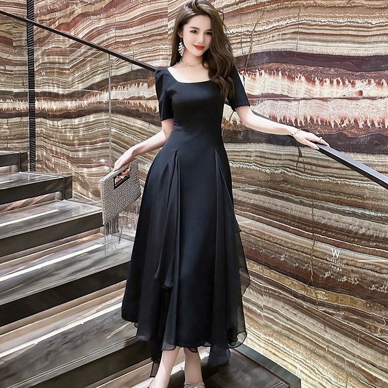 FAN Dress Hitam Korea Terbaru/Gaun Pesta Elegan Mewah Premium