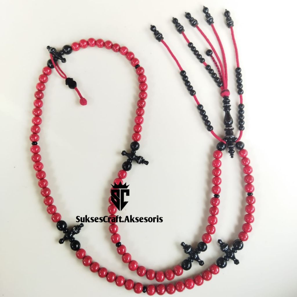 Tasbih Red Marjan laut asli  mix yuser laut asli setting tijani premium Marjan merah