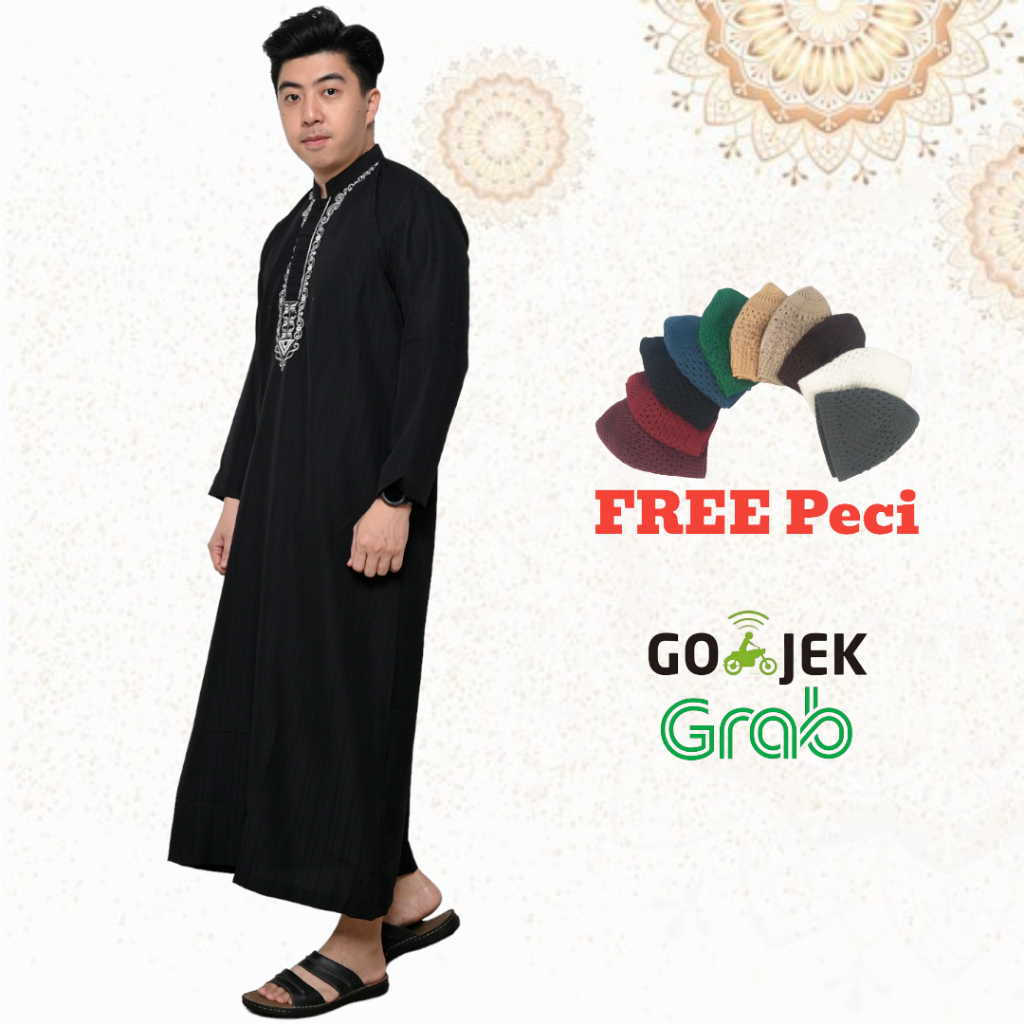 [ PROMO TERMURAH ] Jubah Gamis Pria Dewasa Panjang Hitam Putih Bordir E08 FREE PECI Gamis Pria Jubah