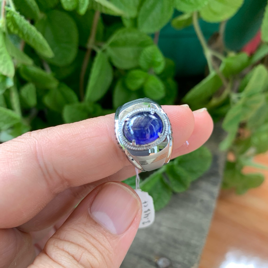 Cincin Pria Natural Royal Blue Sapphire Memo Safir Cabochon Ring Monel Doff Handmade Size 6