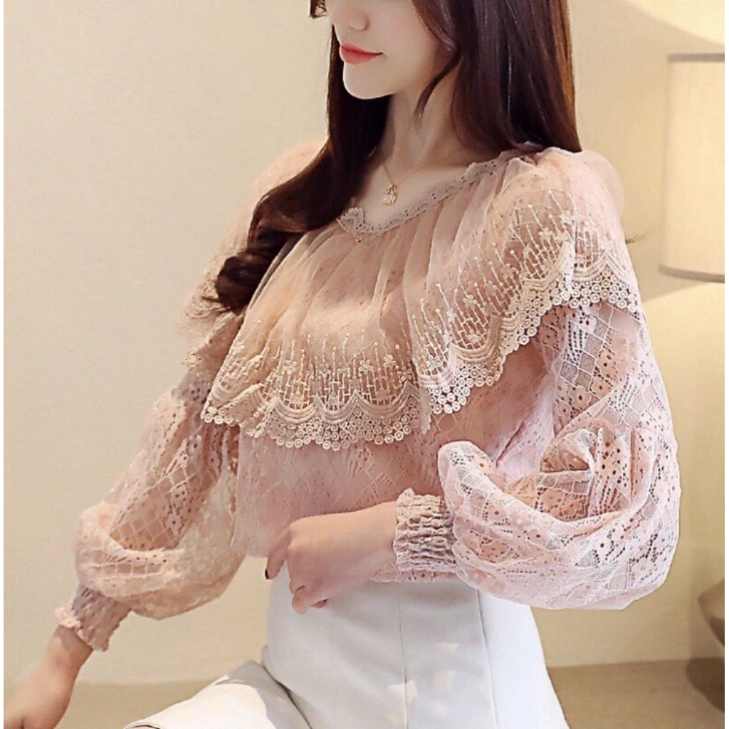 Blus Brukat Renda Korean Style Cantik Dusty Pink Preloved