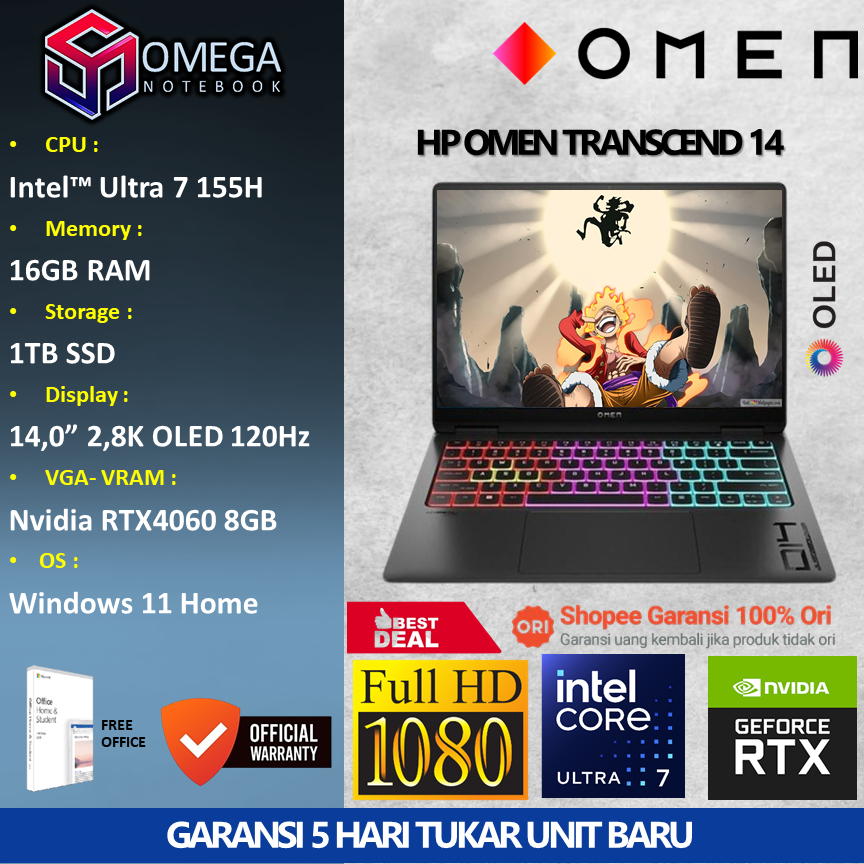 HP Omen Transcend 14 OLED Ultra 7 155H 16GB 1TB RTX4060 8GB 14,0" 2,8K Windows 11