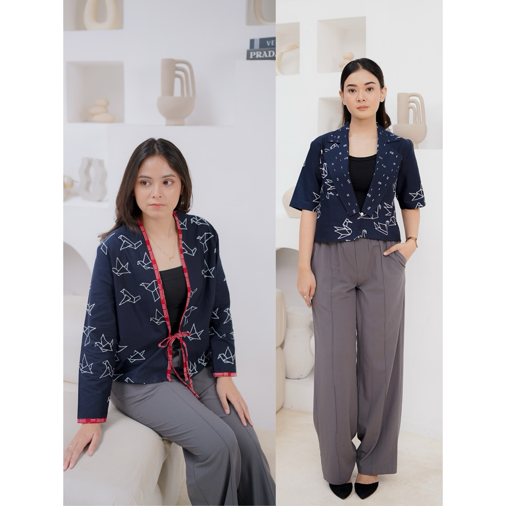 Outer Batik Wanita Kerja Modern Kekinian , Merpati Batik outer Navy
