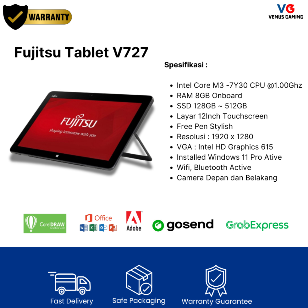 Jual Murah Tablet Second Berkualitas Fujitsu V727 Core m-3 RAM 8GB SSD 512GB Pen stylish Windows 11 