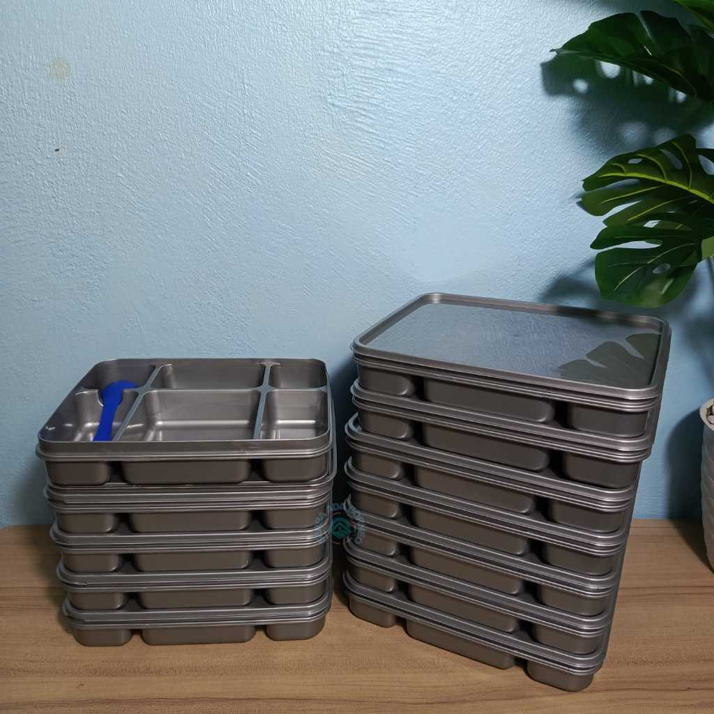 Paketan Lunch Box Silver Sekat 6 + Sendok 1 Cuttlery Makan Nasi Sayur Lauk(12 Pcs )