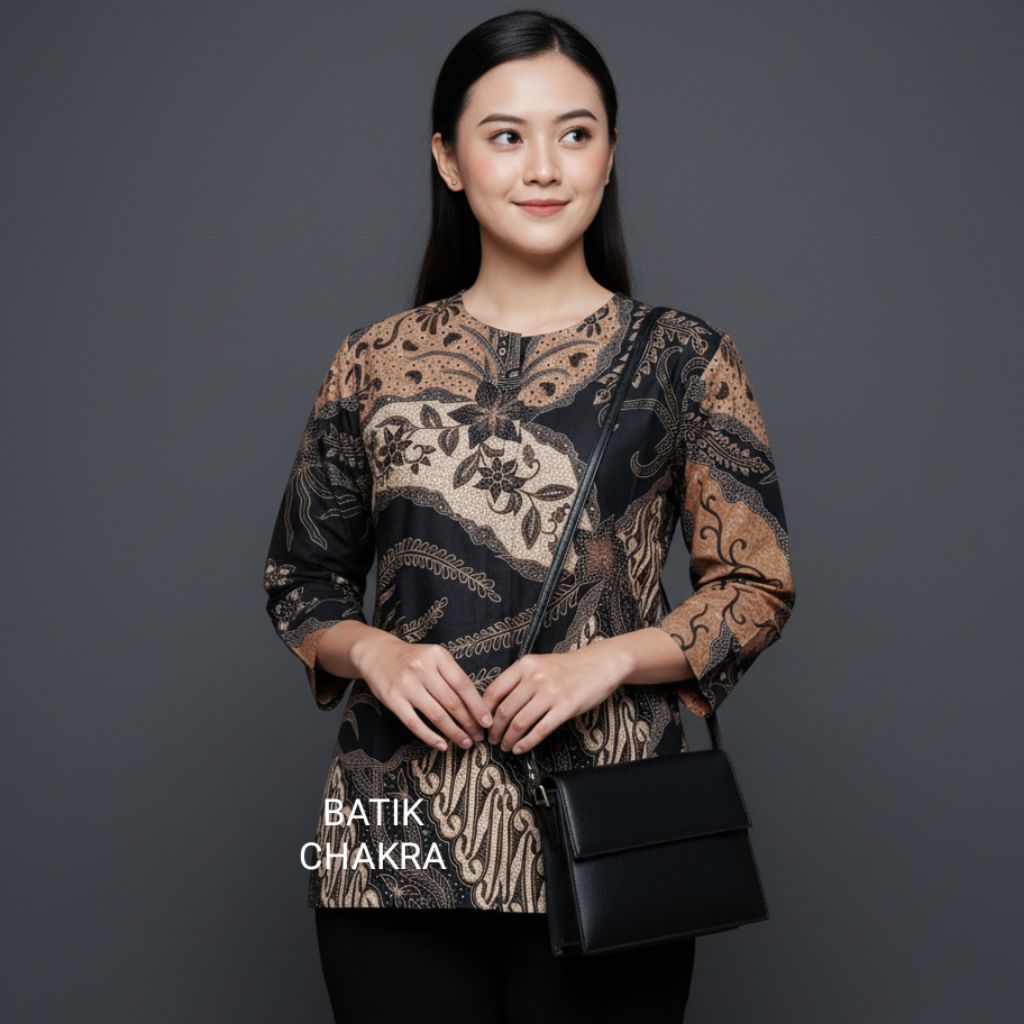 blus batik wanita modern HITAM COKLAT bahan katun lapos full trikot