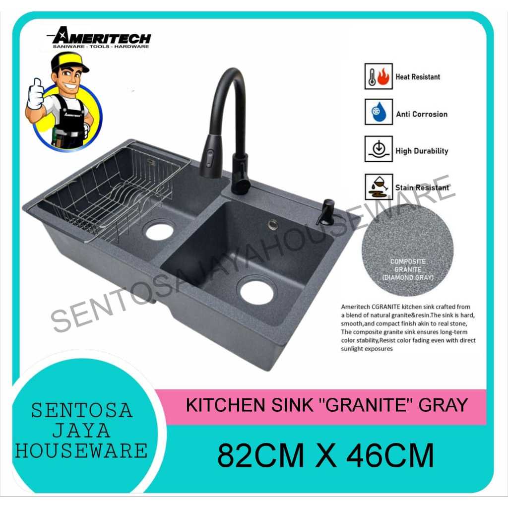 BAK CUCI PIRING GRANITE GRAY / KITCHEN SINK AMERITECH GRANITE 2 LUBANG GRAY / SINK GRANIT