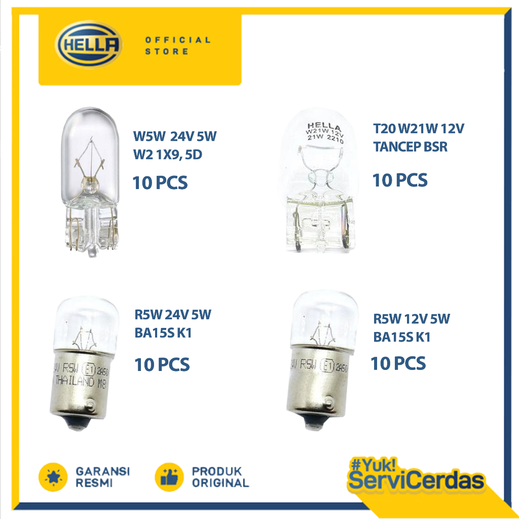 Paket Bundling Bohlam Hella W5W 24V 5W, T20 W21/5W 12V, R5W 24V 5W,  R5W 12V 5W - Lampu Mobil