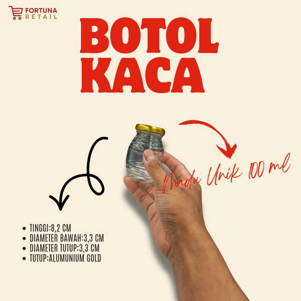 JKMDU 100 ML/JAR KACA MADU UNIK 100 ML/BOTOL MADU 100 ML/TUTUP ALUMUNIUM GOLD