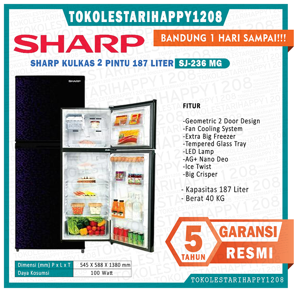Kulkas Sharp 2 Pintu SJ-236/237MG DB/DP Bandung Kurir Toko 1 Hari Sampai