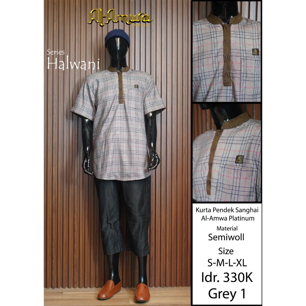 al amwa platinum halwani kurta pria lengan pendek motif kotak kotak