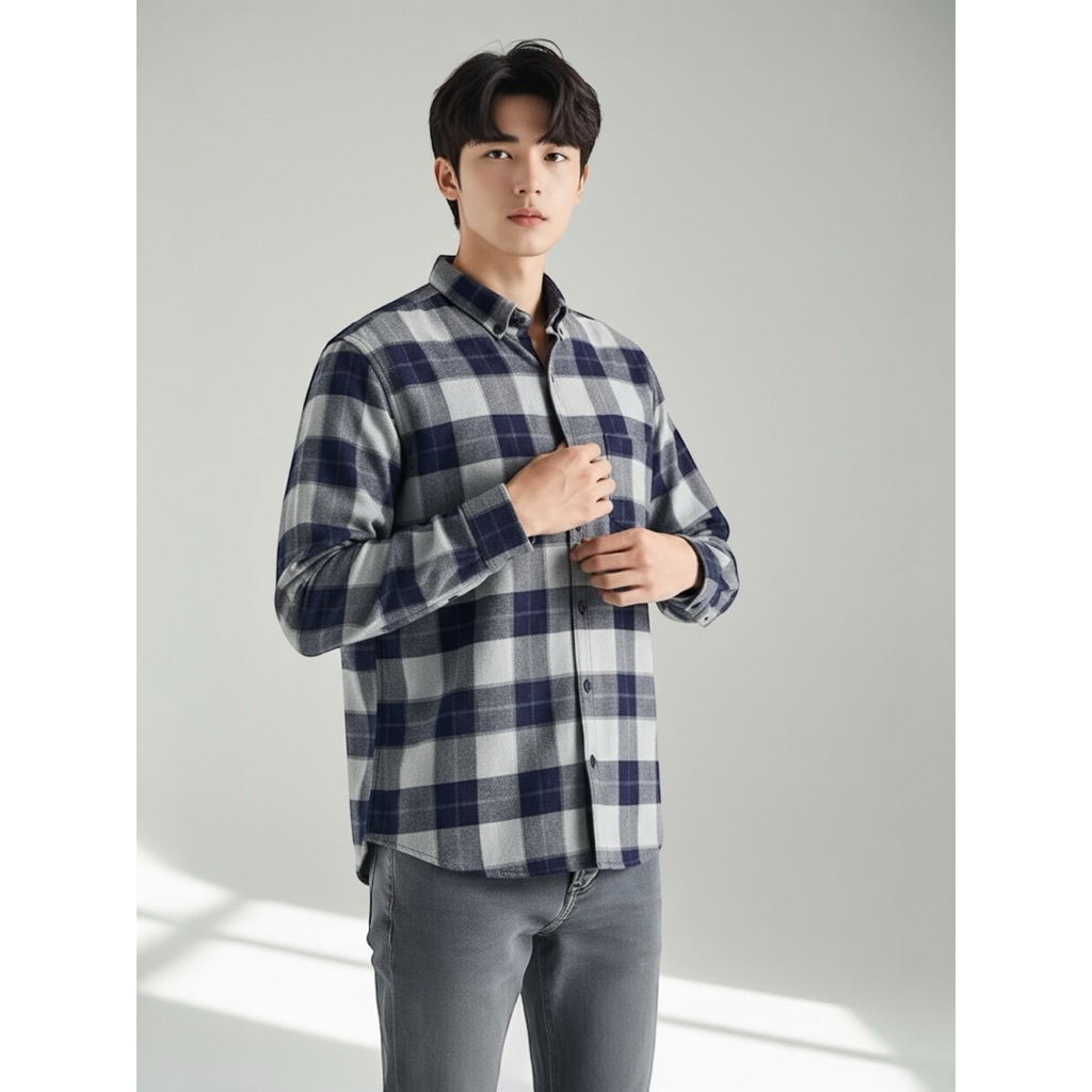 Peternation kemeja flanel pria wool basic panjang regular fit