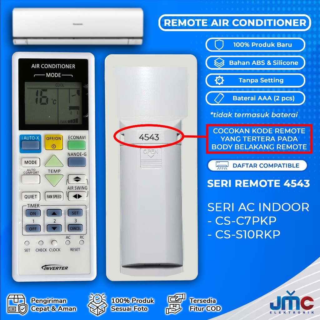 Remote AC JMC Pengganti Remot AC PANASONIC 4543 CS-C7PKP CS-S10RKP